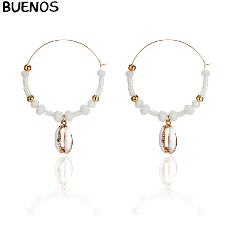 

BUENOS Summer White Shell Beads Beach Gold Color Circle Hoops Earing Woman Fashion Exaggerated Personality High Grace Jewery