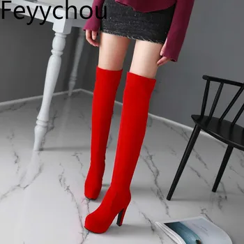 

Women Boots Winter Autumn Warm Plush Shoes Over The Knee Super High Heels Martin Snow Boots Round Toe Zip Sewing 2018 Sexy Black