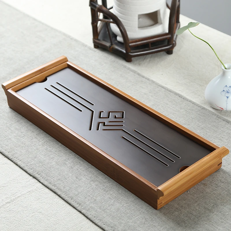 FU Kung Fu Tea Set Natural Wood Bamboo Tea Tray Rectangular Traditional Bamboo Puer Tea Tray