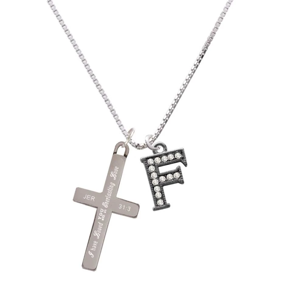 Crystal Black Initial - F - Beaded Border - - Everlasting Love - Cross Necklace