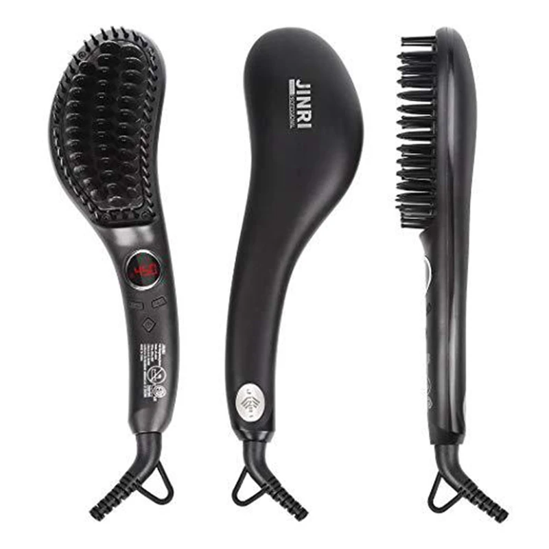 Jinri 2 In 1 Hair Straightener Brush Anti-Scald Ceramic Hot Comb Temperature Lock&Auto-Off Professional Straightening Brush Bl
