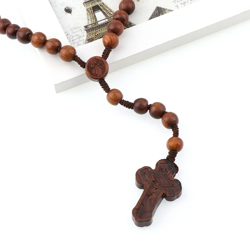 10 мм Хорошее натуральное коричневое дерево бусины шнур четки цепочки и ожерелья с распятием Святого Бенедикта NR священный Jerusalem Rosaries подарок