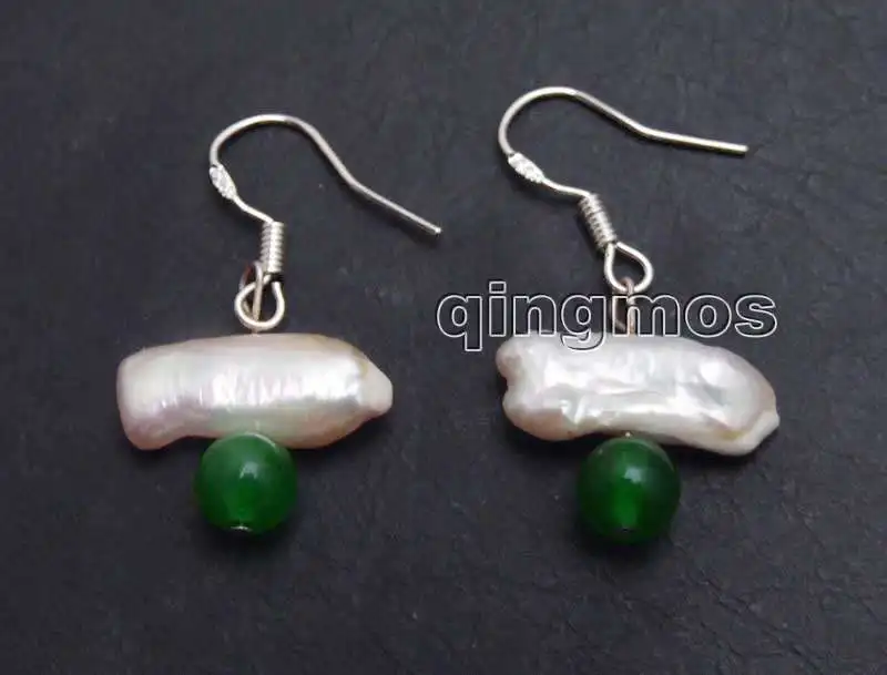 

12-15mm White Natural Freshwater Biwa Pearl and 6mm Round Green beads Earring-ear442 wholesale/retail Free ship