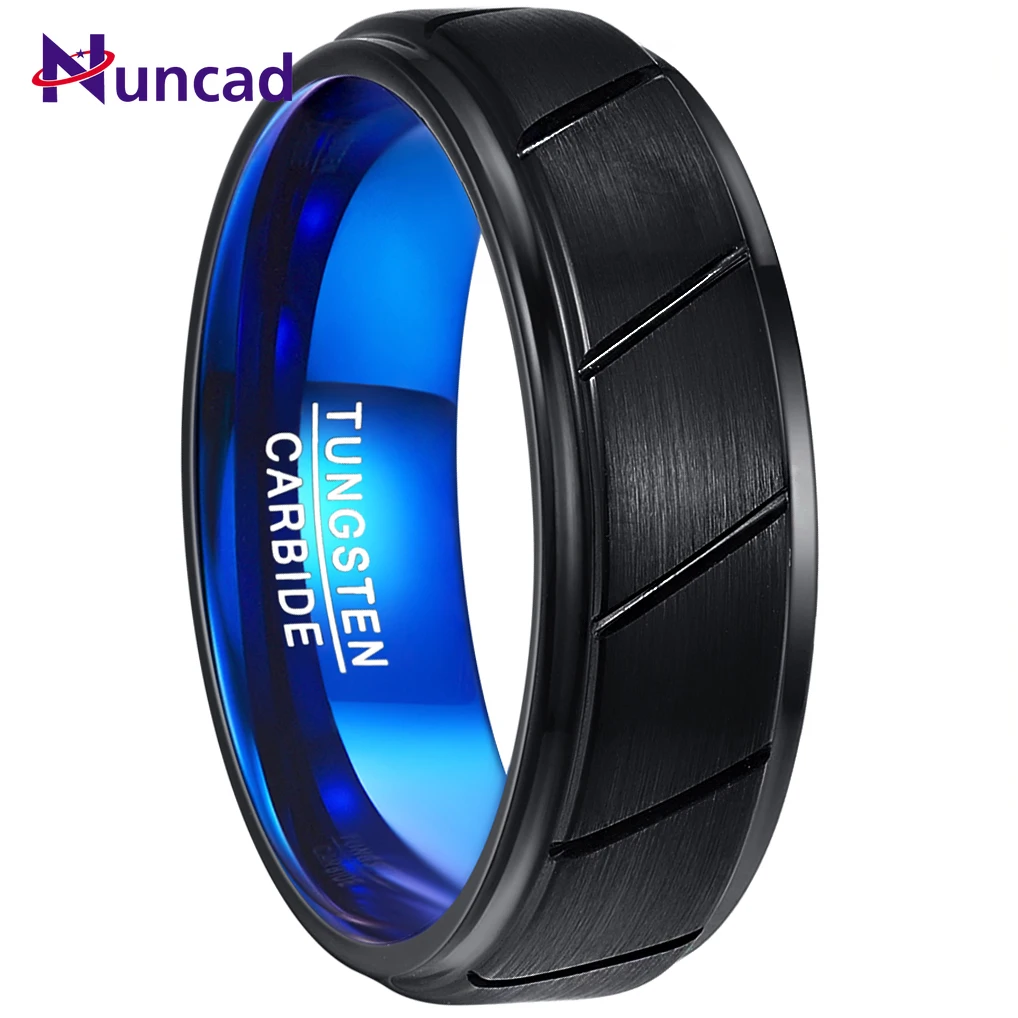 Mens Ring 100%Tungsten Steel 8MM Black Surface Blue Inner Rings for Men geometric Pattern Wedding Jewelry | Украшения и