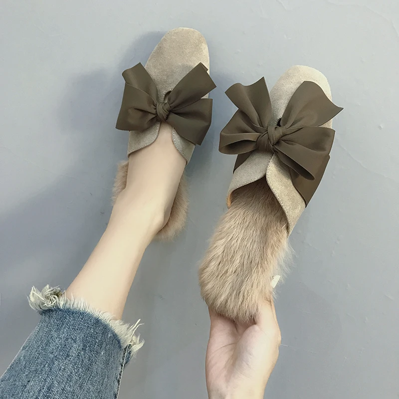 

Women Bow Real Rabbit Mules Fur Slippers Flat Heel Furry Slides Soft Rabbit Hair Slip on Shoes Mule