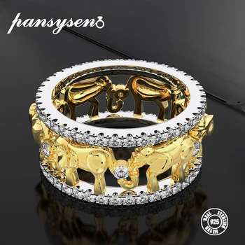 

PANSYSEN Exquisite Luxury Elephant Animal 100% 925 Silver Jewelry Rings for Women Wedding Brand Gold Color Zircon Ring Wholesale