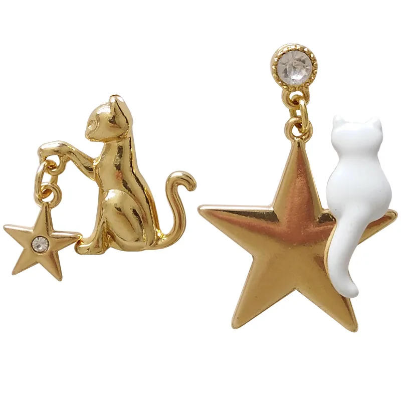 

MigoFans Jewelry Cute Stars Asymmetric Beautiful White Cat Cubic Zircon Dangle Earrings Mysterious Cute Drop Earrings