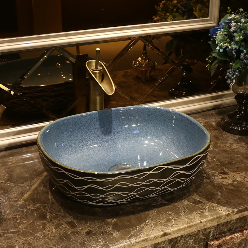 Oval black with blue antique Ceramic Painting Art Lavabo Bathroom Vessel Sinks ounter top color wash basin  (10)
