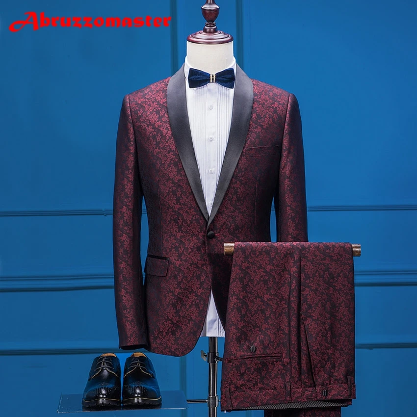 Приталенная шаль с отворотом для выпускного вечера для мужчин s костюм с брюками на одной пуговице бордовый Цветочный Жаккард свадебные костюмы для мужчин 2 шт.(куртка+ брюки