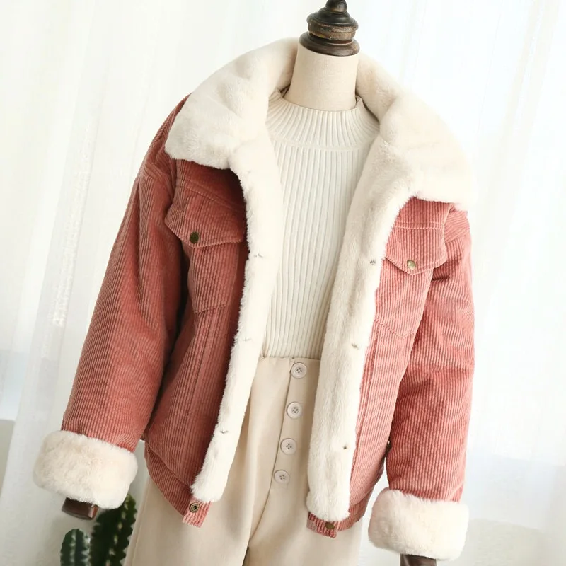 Vangull Женская свободная Вельветовая куртка, женская новая Толстая зимняя куртка из искусственного меха кролика, Женская милая верхняя одежда, пальто, теплая Женская парка - Цвет: Розовый