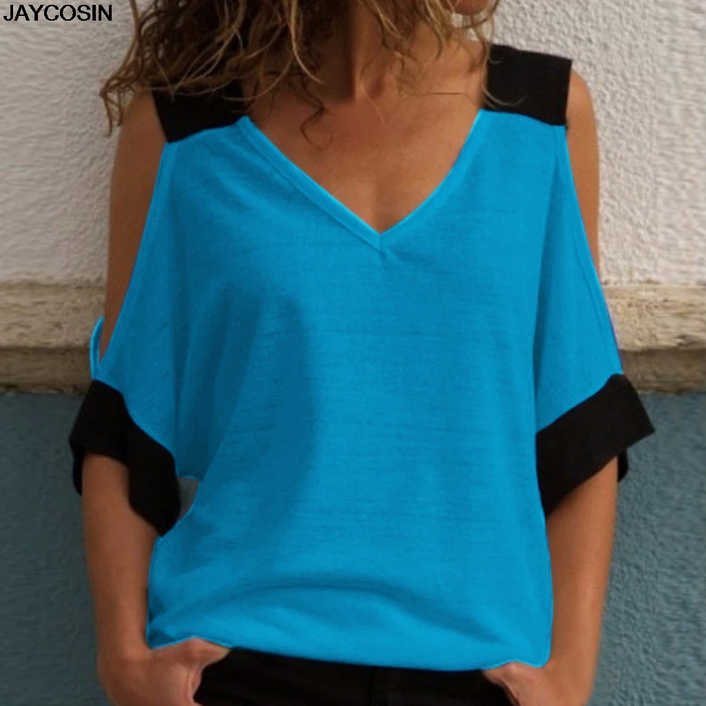 

JAYCOSIN Women's Stitching Off-Shoulder V-neck Top T-Shirt Summer Autumn Polyester Three Quarter Sleeve Female Tops 20190222