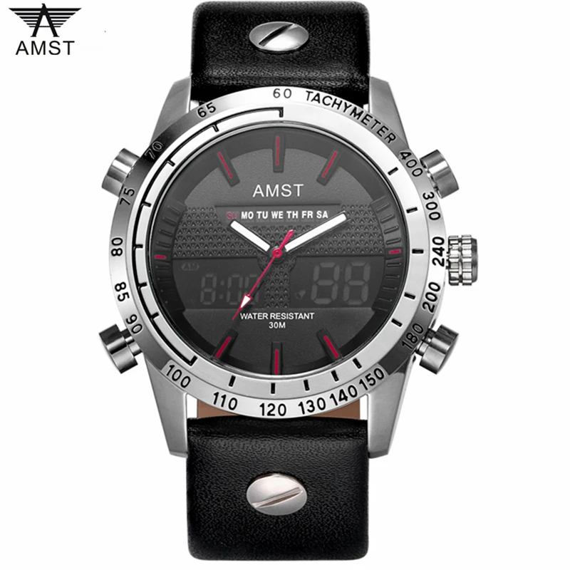 2018 amst Новый Мужская мода спортивный Часы Для мужчин кварцевые аналоговые светодиодный часы мужские кожаные Военная Униформа