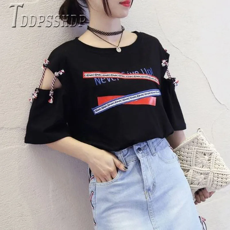 2019 Summer Expose Shoulder Women T Shirt Short Sleeve Round Neck Female Tee Shirts