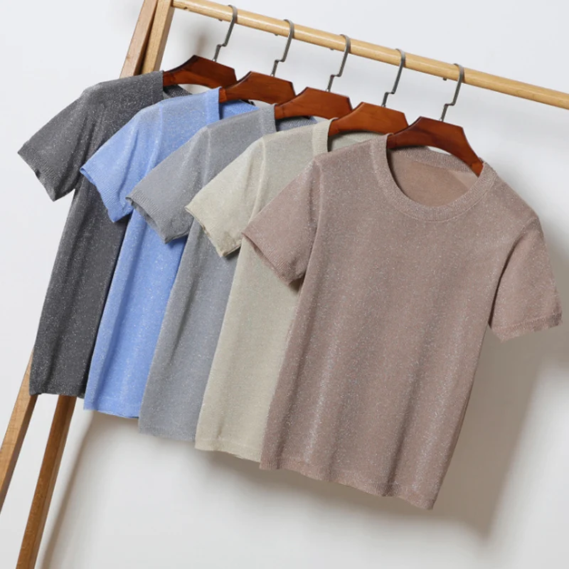 

gkfnmt Shiny Lurex Summer knitted Pullover Women O-Neck Sweater Shirt Female All-match Basic Short Sleeve Tops Clothing 2019