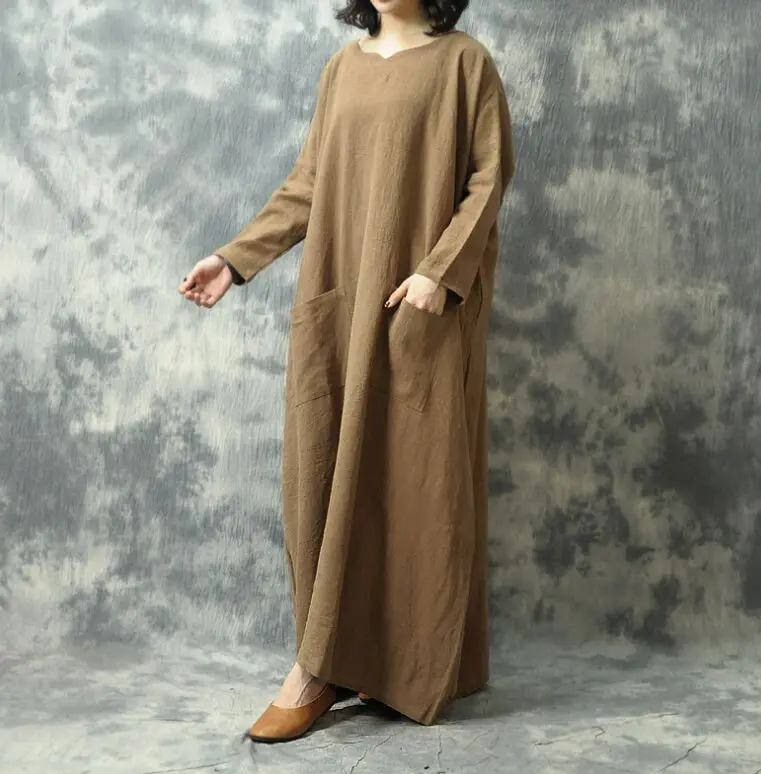 Большие размеры женское супер свободное льняное платье с длинными рукавами S487 - Цвет: dark khaki