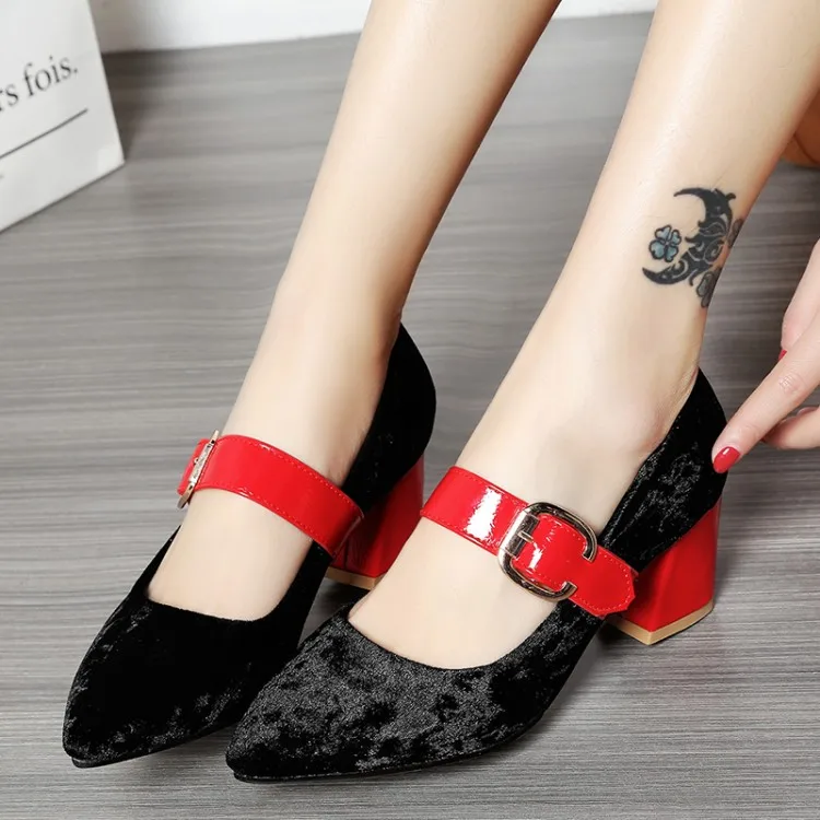 

Spring velvet shallow mouth single shoes buckle small yards 32 33 pointed toe plus size 40 thick heel 41 42 women's high-heeled
