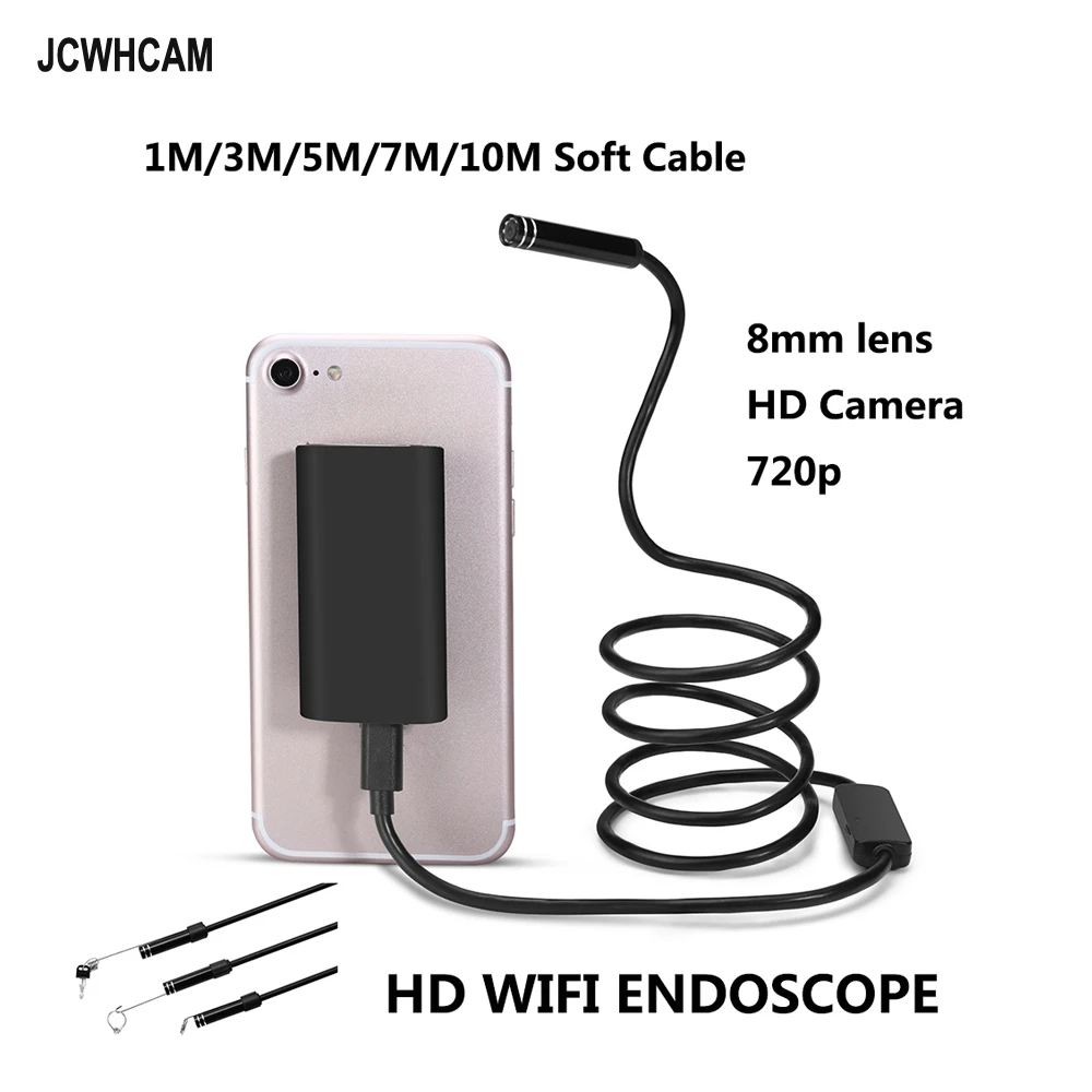 JCWHCAM HD, Wi-Fi, Беспроводной эндоскоп инспекционная Камера 8 мм объектив 1/3/5/7/10 M IP67 Водонепроницаемый бороскоп Поддержка iOS Android