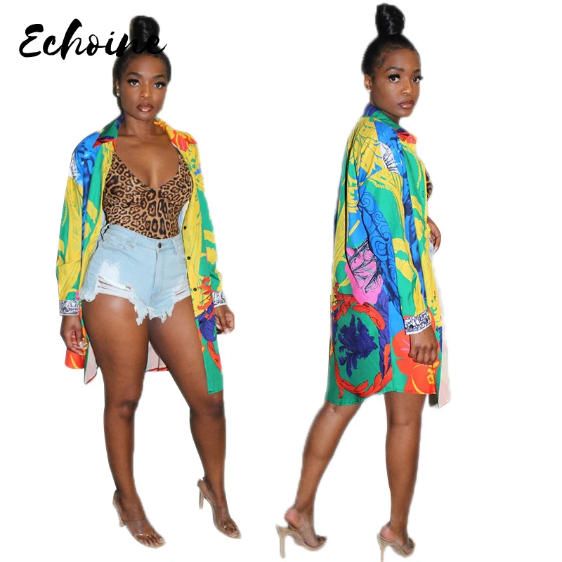

Echoine Vintage Paisley Print Long Sleeve Button Up Blouses Shirts Women Autumn National Casual Knee Length Tops XXL Vestidos
