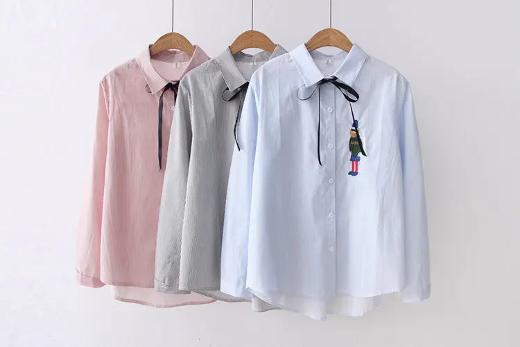 2019 Autumn Striped Tops Ladies Cute Soldier Embroidery Shirts Blouses Women Casual Bow Long Sleeve Blusas Mujer Chemise Femme (4)