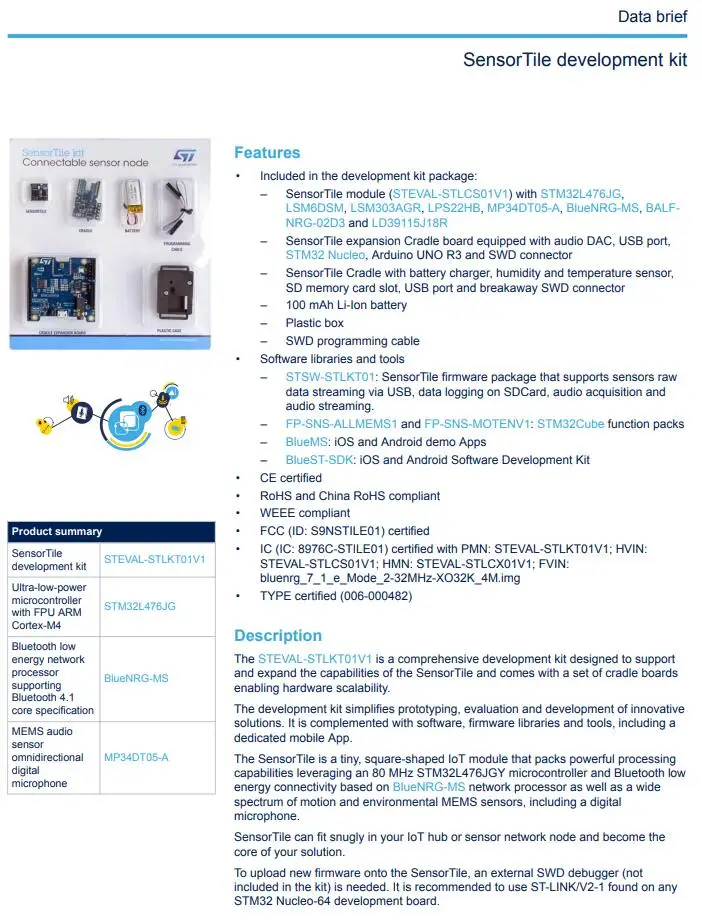 1 шт. х STEVAL-STLKT01V1 Наборы для разработки-ARM SensorTile Development kit Core ARM Cortex M4F оценка STM32L476