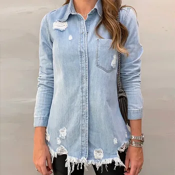 

Casual Women Jacket Denim Coat Autumn New 2019 Long Sleeve Jeans Jackets Lapel Tops Pocket Single Breasted Coat Steetwear GV770