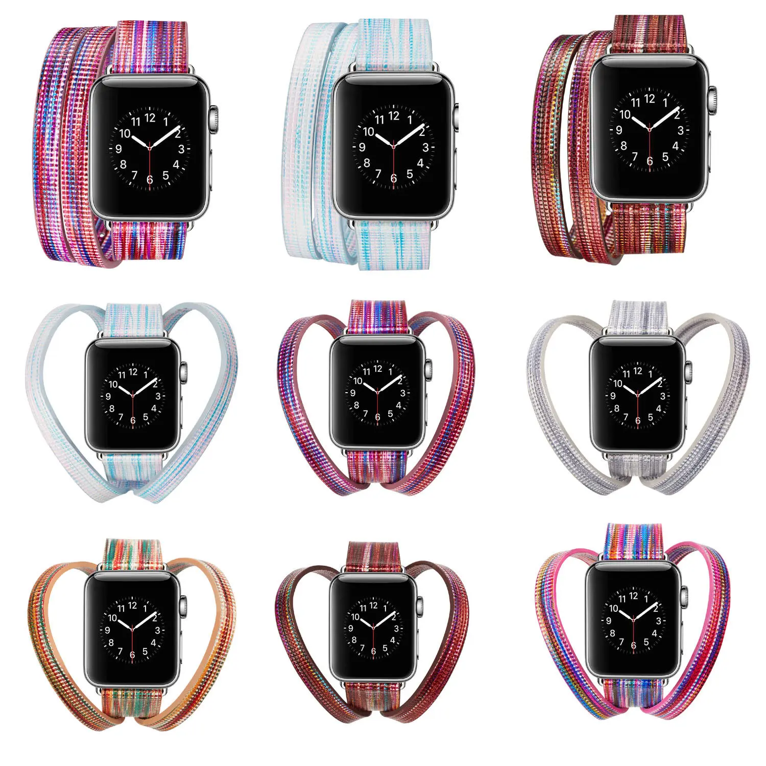 

Double Tour Genuine Leather Strap for Apple Watch Replacement Band Colorful Rainbow Bracelet for iWatch Series 3 2 1 38/42 Belt