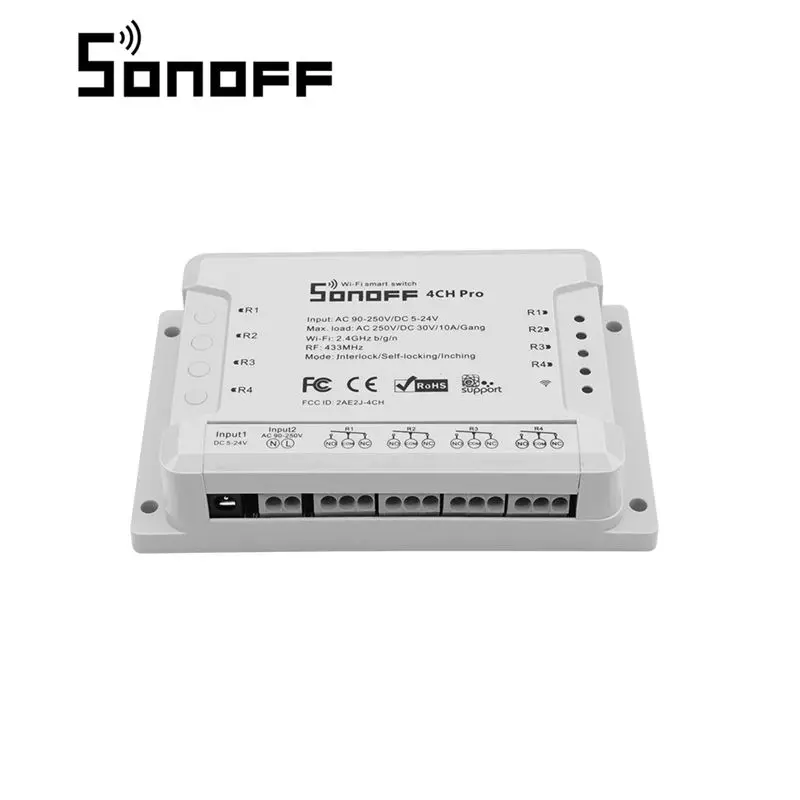 

SONOFF 4CH Pro R2 10A 2200W 433MHz RF Inching/Self-Locking/Interlock Smart Home WIFI Wireless h APP Remote Automation Module