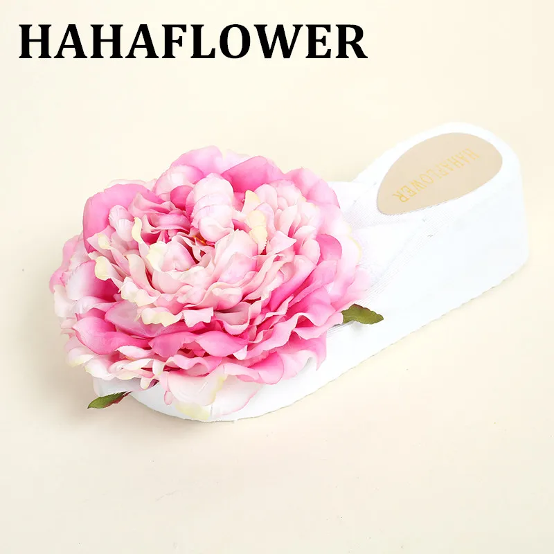 Женские тапочки HAHA flower, женские туфли на танкетке, летние тапочки, Женская Новая удобная обувь с цветочным принтом, большие размеры