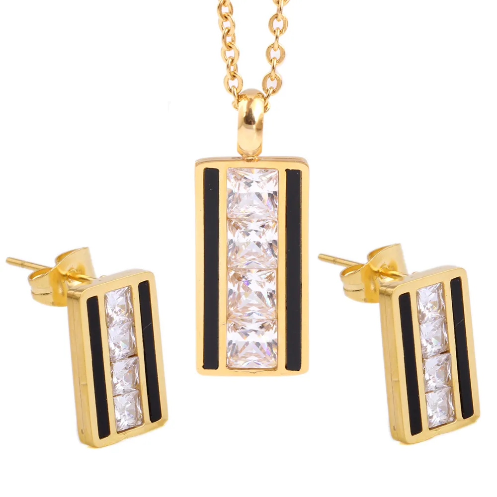 Золотого цвета из нержавеющей стали квадратное ожерелье с фианитами и ювелирные украшения серьги со стразами набор для женщин Шарм ювелирные изделия