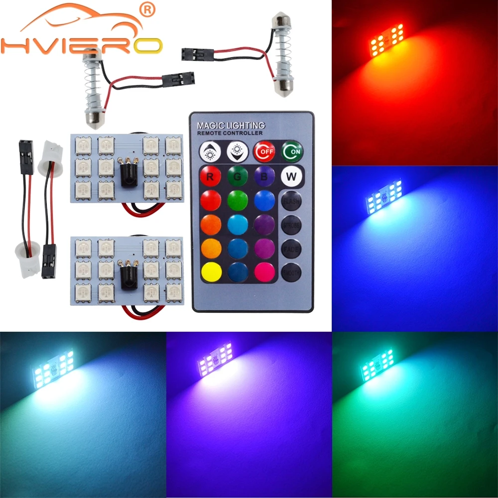 

T10 RGB 5050 12SMD Car Led Remote Control Rgb Autp Led Panel Interior Auto Lights Reading Dome Festoon BA9S Adapter DC 12v Light