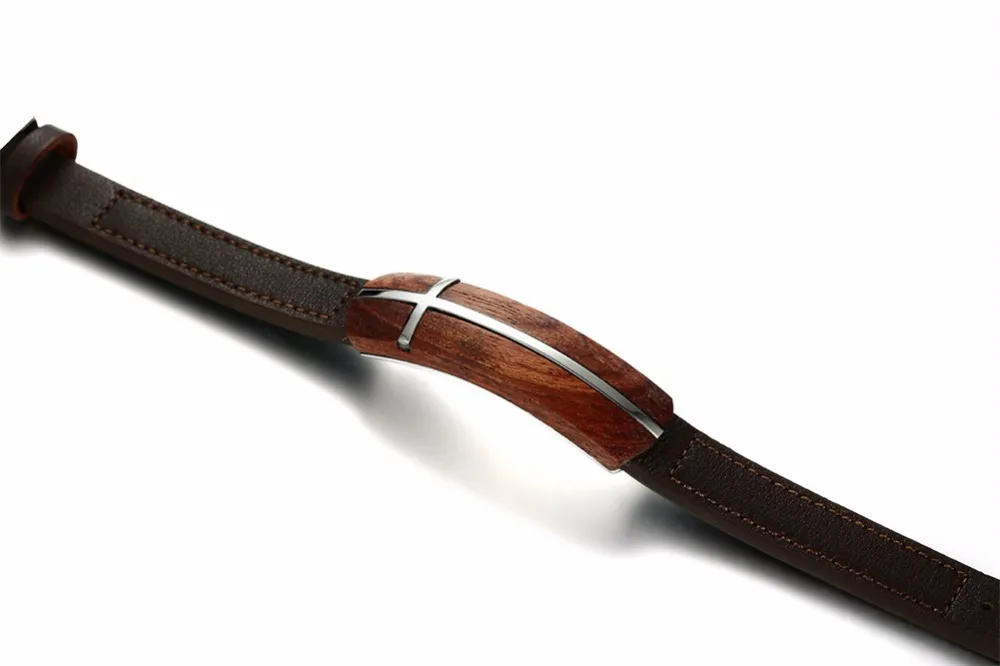 Mens Genuine leather bracelet in Brown Rosewood Cross Inlay Tag Adjustable Wristband Stainless Steel Buckle Men Jewelry  Pulseira Braslet Masculina Bracciale Pulseras Hombre bileklik 14