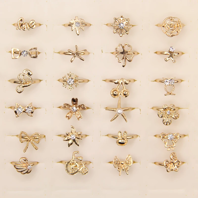 

30pcs Gold Tone Assorted Design Crystal Ring Cute Kid Child Party Small Size Adjustable Jewelry Wholesale Lot Gift