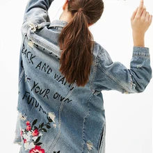 Autumn Denim Floral Embroidery Letter Jacket Frayed Holes Jacket Women Long Rips Detail Denim Jacket Lapel Single Breasted Coat Autumn Denim Floral Embroidery Letter Jacket Frayed Holes Jacket Women Long Rips Detail Denim Jacket Lapel Single Breasted Coat
