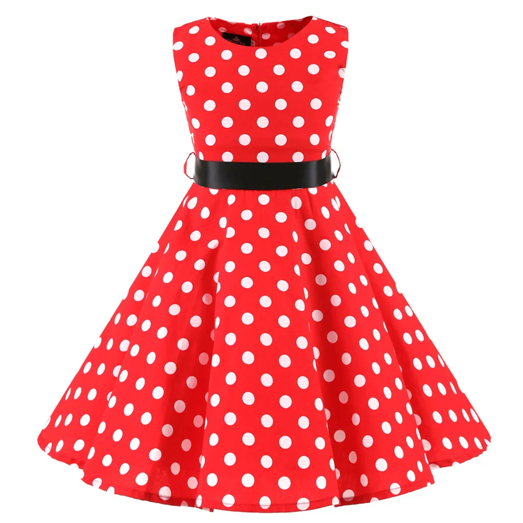 

Teen Kids Girl Dot A-line Dresses Printing Belt Casual Dress Retro Sleeveless Princess Dress Children Girls Clothing Vestido
