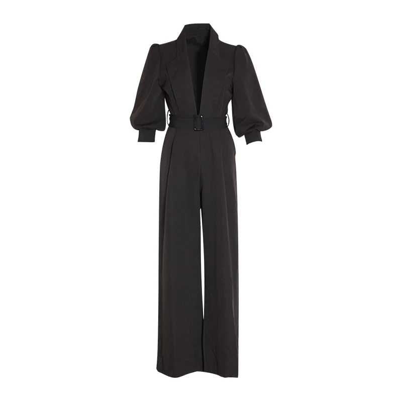 CHICEVER Summer Elegant Solid Women Jumpsuits Lapel Half Lantern Sleeve High Waist Sashes Full Length Flare Female Jumpsuit