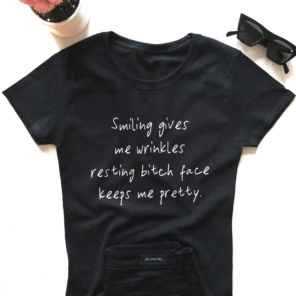 

Smiling gives me wrinkles resting bitch face keeps me pretty T-shirt sarcastic gift tshirt grunge aesthetic slogan tees tops