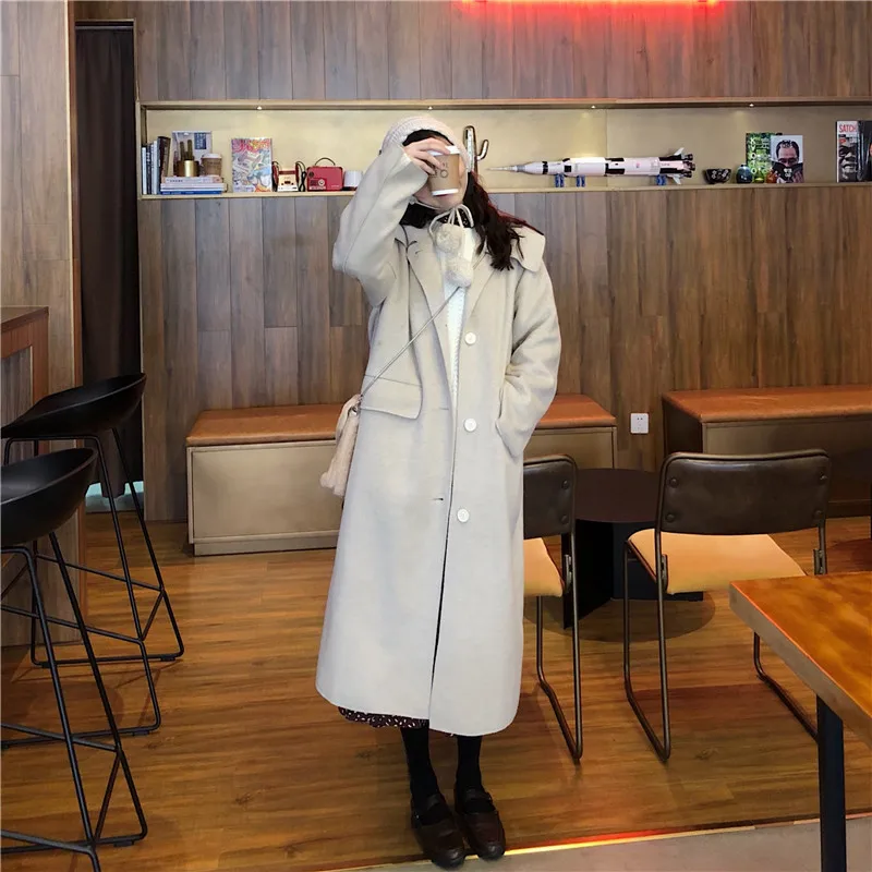 OLN 2019 New Style Solid Color Long Temperament Coat Female High Quality Thick Single-breasted Lapel Women's Woolen Coat 7195
