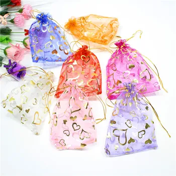 

Voile Bag Gold Heart Drawstring Organza Gift Bags 10x12cm 4" For Wedding Party Small Gift Xmas Storage Pouches Customize Logo