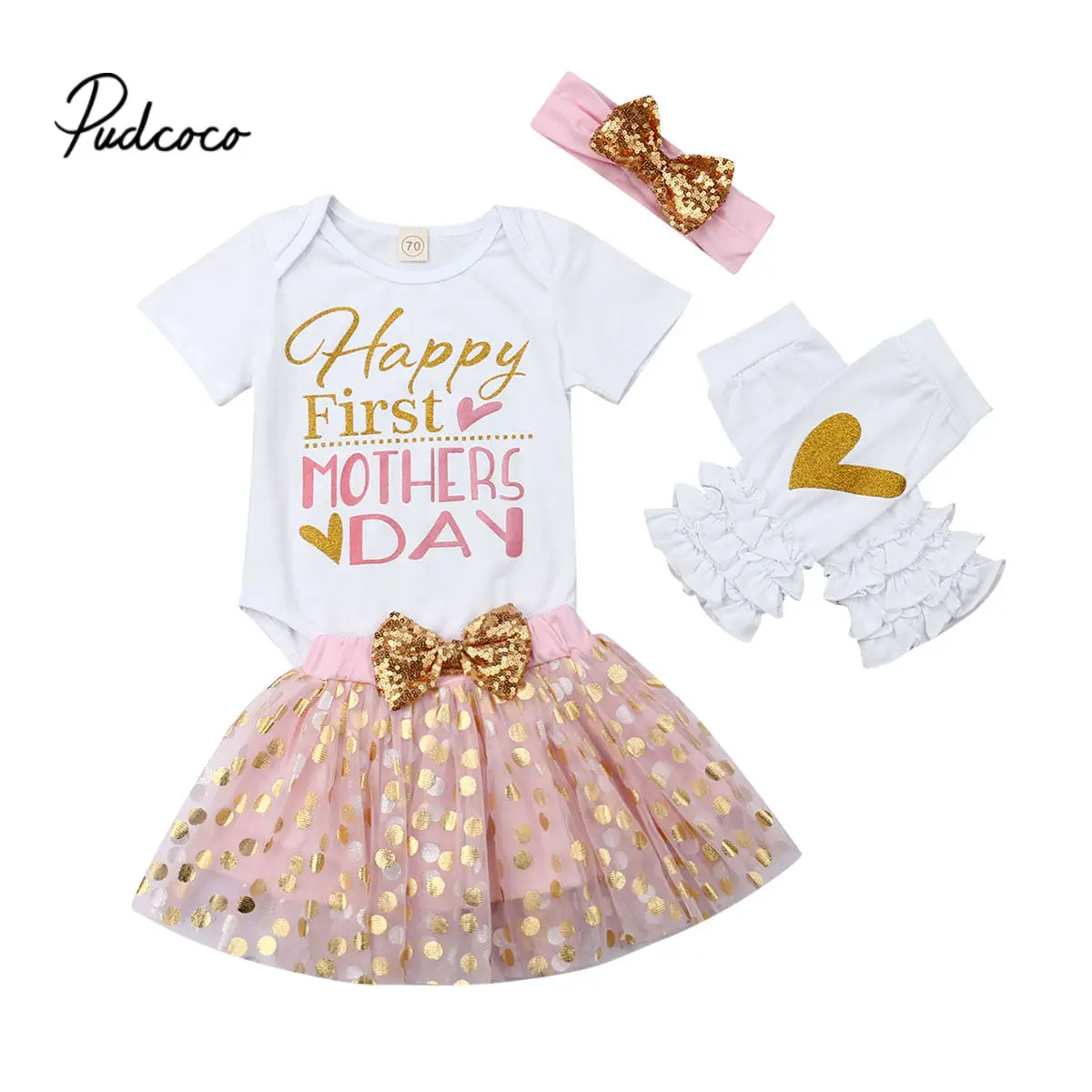 

2019 Toddlers Kids Baby Girls Rompers Letter Print Short Sleeves+Tutu Skirt+Headband+Ruffle Socks Summer Clothes 1st Mothers Day