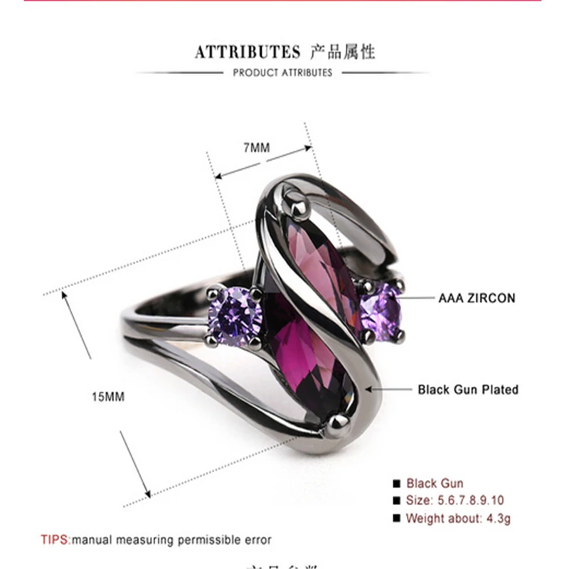 Hot Fashion Luxury Vintage Purple Zircon CZ Crystal Colorful Rings For Women Wedding engagement Jewelry stainless steel rings 5