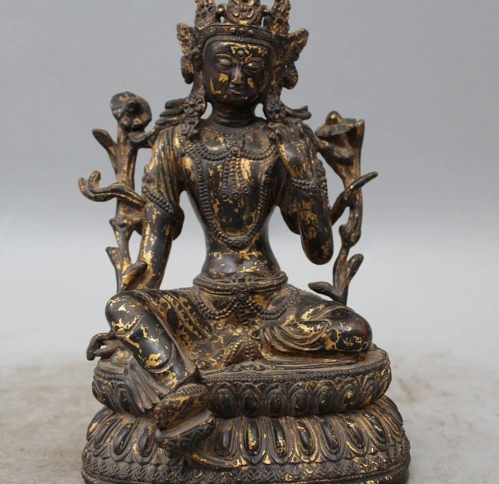 

9" Tibet Tibetan Buddhism Bronze Gilt homelike Green Tara Goddess Buddha Statue
