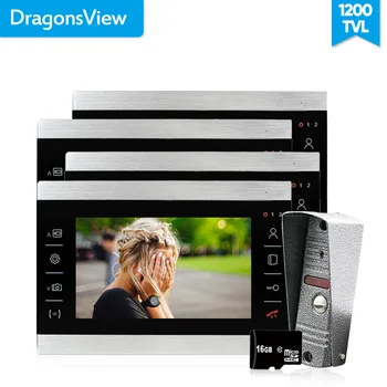 

Dragonsview Video Door Phone Intercom System 7 Inch 1200TVL video intercom 4 monitors 1 Doorbell panels Unlock Talking Recording