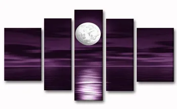 

100% Hand Painted Oil Painting on Canvas Purple Skyline Sea White Full Moon Night Wood Framed Landscape Wall Art Painting Abstr