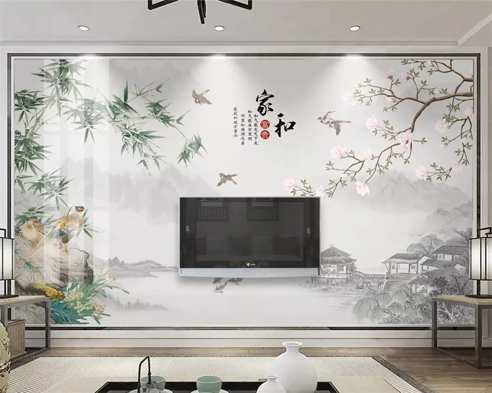 

beibehang wall papers home decor Custom 3d wallpaper new Chinese style home and rich ink bamboo jade orchid bird TV background