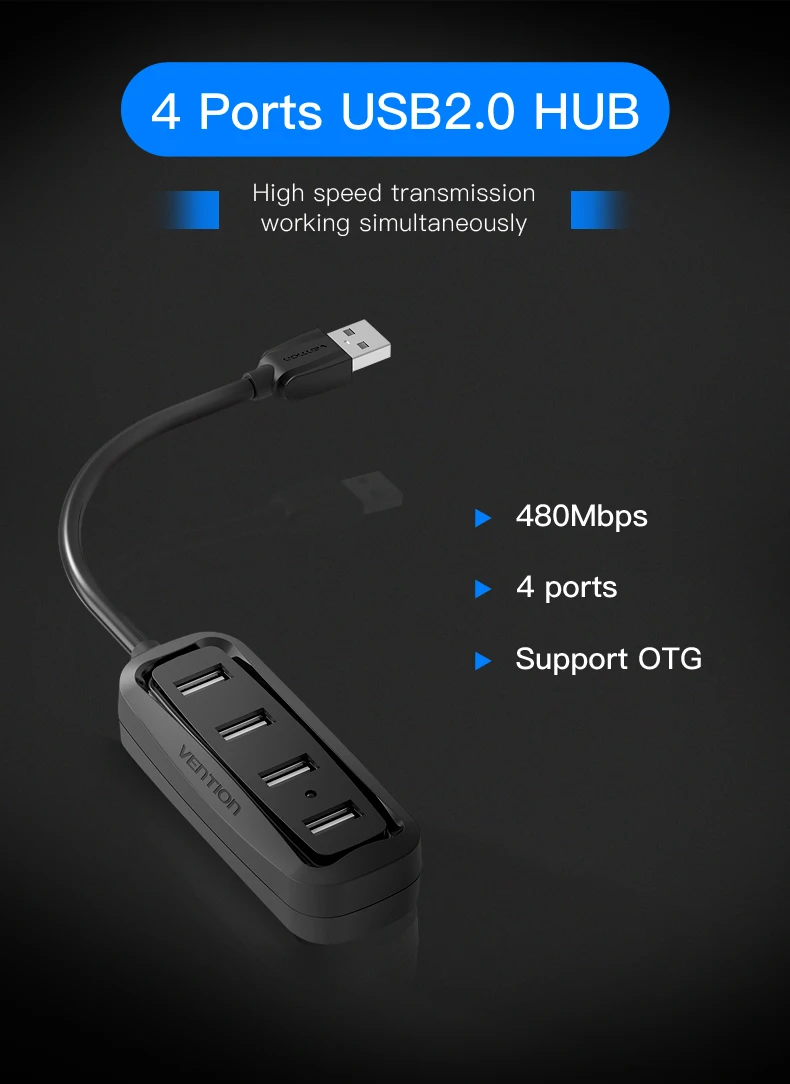 Vention USB концентратор USB 3,0 4 порта портативный OTG концентратор 480 Мбит/с USB разветвитель с светодиодный лампой для Apple Macbook ноутбук планшет USB 2,0 концентратор