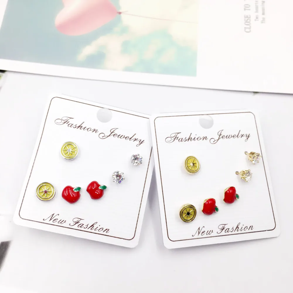 

925 Earrings Silver Needle Enamel Earrings Women Girls Apple Lemon Fruit Zircon Stud Earring Set Fashion Jewelry Gift