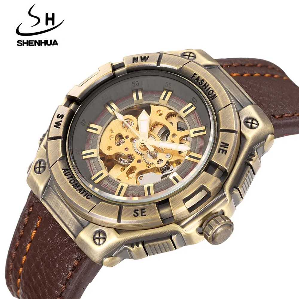 

2017 SHENHUA Luxury Men's Mechanical Watches Vintage Bronze Skeleton Autoamtic Wrist Watches For Men relogio masculino