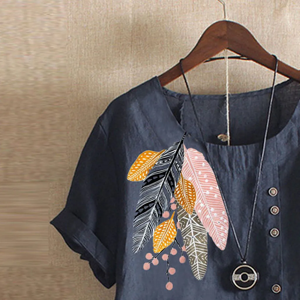 Женская рубашка с аппликацией и принтом из хлопка и льна с круглым вырезом, топы с коротким рукавом, женские летние топы размера плюс, рубашка, одежда, рубашка blusa
