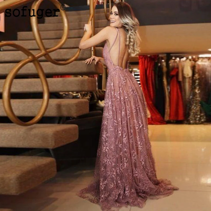 

Sexy Backless V Neck Straps Muslim Party Dress Sweetheart Appliques Dubai Arabic Saudi Arabian Sleeveless Evening Dresses