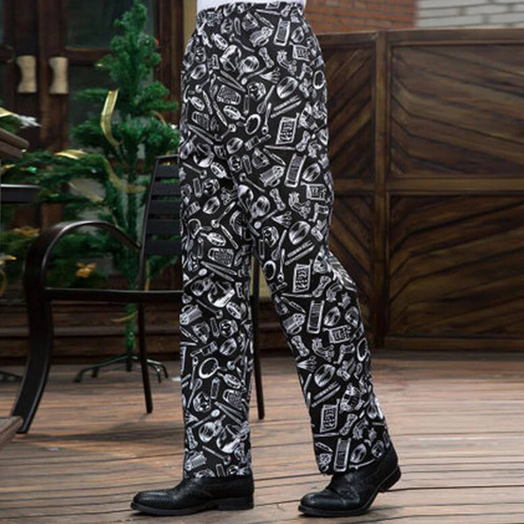 1 Pcs Baggy Chef Pants Prints Uniform Loose Pants Adjustable Drawstring Closure Kitchen Work Trousers